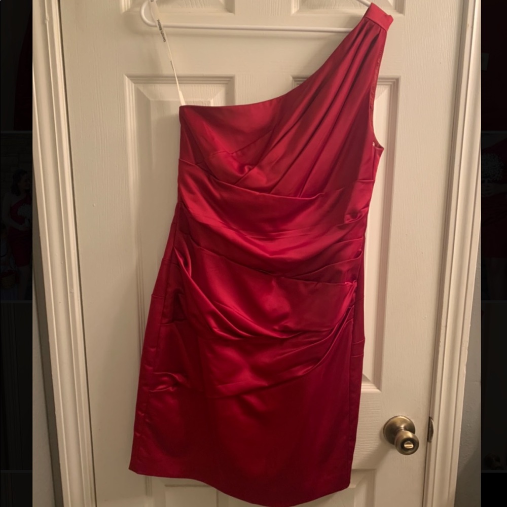 David’s Bridal Red one shoulder cocktail dress
